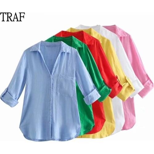 TRAF Za 2021 Summer Blouses Long Sleeve Linen Blue Pink Shirts Woman Button Up Irregular Loose Plus Size Top Korean Style Blusas