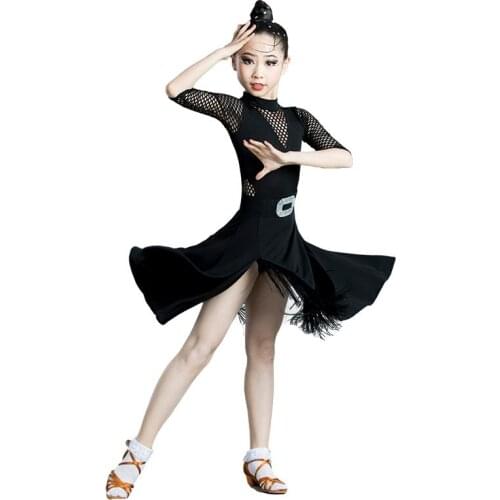 Children Latin Dance Dress Mid Sleeve Mesh Tassel Girls Competition Ballroom Kids Tango Salsa Dancewear Practice Dance Clothes