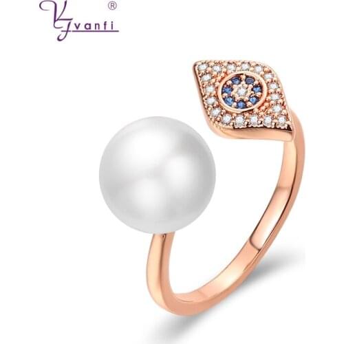 Kfvanfi Fashion Adjustable Blue Zircon Eyes Jewelry Pearl Rings For Women