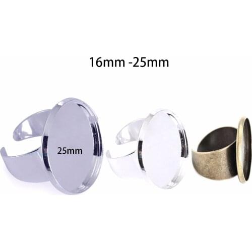 20pcs Fit 16mm 20mm 25mm Glass Cabochon Round Adjustable Silver Plated Blank Base Bezel Ring Setting For Jewelry Findings DIY
