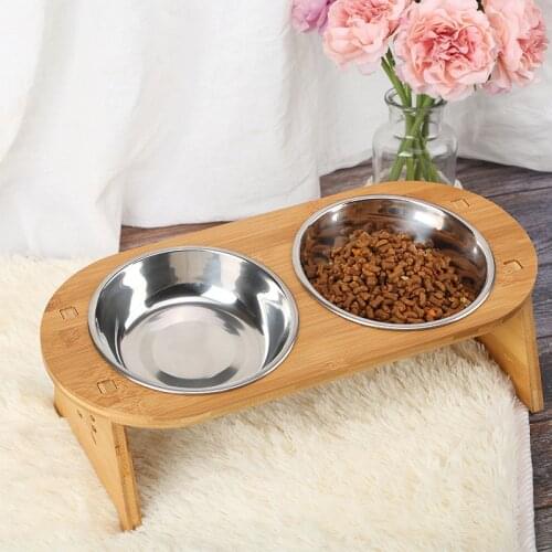 Cute Bowls Cat Dog Feeders Bowl Ceramic Stainlerss Steel Pet Food Tableware Water Bowl Bamboo Frame Pet Supplies