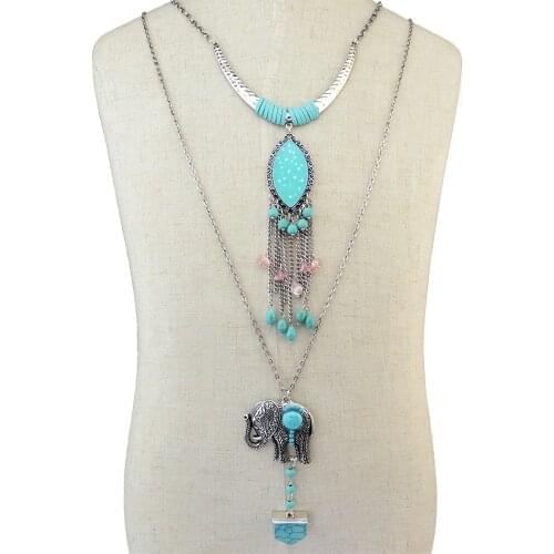 Fashion Vintage Ethninc Long Double Metal Chain Fringe Necklace Enamel Moon Tassels Beaded Elephant Green Stone Pendant Necklace