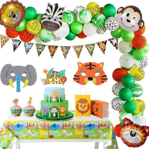 Happy Birthday Party Decorations Jungle Forest Animal Theme Balloon Disposable Tableware Set Kids 1st Party Favors Baby Shower