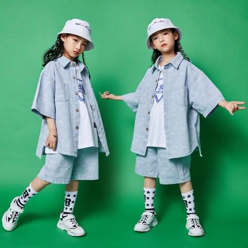 Boys Street Dance Costumes Denim Hip Hop Clothing Girls Short Sleeve Shirt Hiphop Pants Childrens Wear Stage Show Outfit BL5803