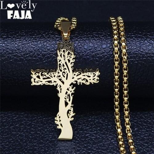 Cross Tree of Life Stainless Steel Chain Necklaces for Women Gold Color Pendant Necklace Jewelry cadena de oro hombre NXS02