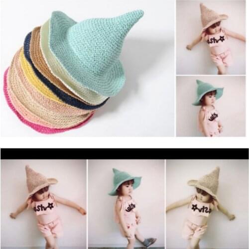 Witch Bucket Hat For Kids Boy Girl Solid Children Straw Fisherman Hat Knitted Tall Pointed Summer Beach Cap Wide Brim Panama
