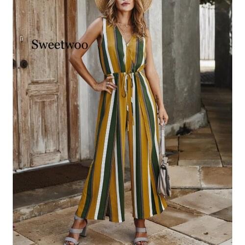 Casual Womens Summer Sleeveless V-neck Lace-up Jumpsuit Female Casual Stripes Printed Split Sexy Straight Trousers Vestidos