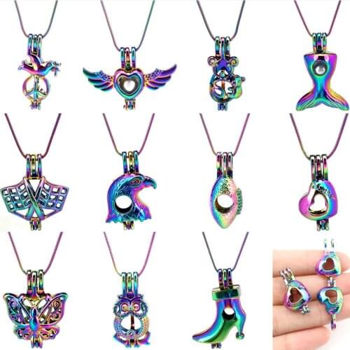 Rainbow Colors Steel Snake Chains Eagle Flags Butterfly Fish Tail Pearl Beads Cage Perfume Locket Pendant Necklace