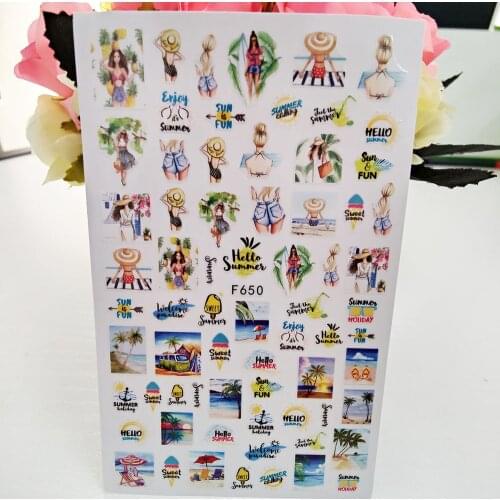 Hello Summer 3D Self Adhesive Stickers For Nails Seaside Sandy Beach Girls Nail Art Decorations Foil Decals Manicure Accessories