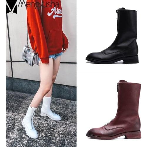 Real leather middle tube botas women winter retro zipper pleated knight boots famous designer mid-calf botines mujer 2019 female