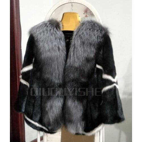 2019 natural mink fur coat short design marten fur jacket with fox fur large threshold and collar female