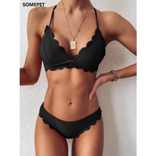 Sexy Floral Side Solid Lace up Bikinis 2021 Push Up 2 Piece Set Womens Swimsuit Padded Bra Swimwear Bather Ribbed Bathing Suit
