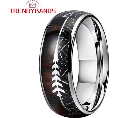 8MM Tungsten Carbide Wedding Bnads For Men Women Meteorite Koa Wood With Arrow Inlay Domed Polished Shiny Comfort Fit