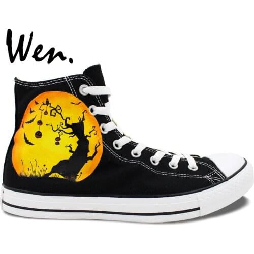 Wen Men Womens Hand Painted Shoes Design Custom Halloween Pumpkin Black Men Women High Top Canvas Sneakers