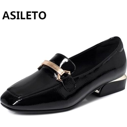ASILETO Woman Concise Spring Autumn Flats Square Toe 2.5 Hoof Heels Patent Leather Slip on Metal Large size 32-43 Date S1889