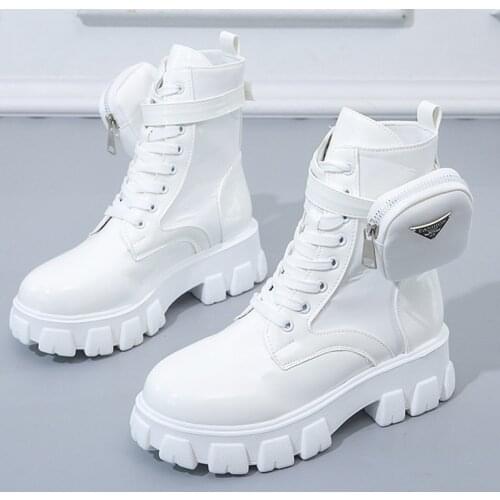 2021 Black Punk Style Ankle Platform Motorcycle Boots Women Lace-Up Street Platform Personality Pocket Designer Women Shoes