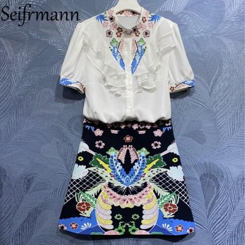 Seifrmann New 2021 Summer Women Fashion Runway Skirts Set Lantern Sleeve Ruffles Blouses + High Waist Crystal Short Skirts Suits