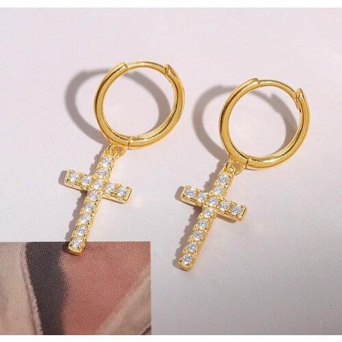 Female Luxury White Crystal Stone Cross Earrings Real 925 Sterling Silver Drop Earrings For Women Vintage Small Dangle Earrings