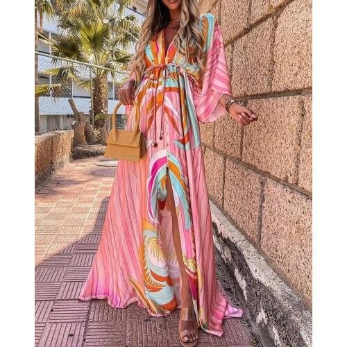 Elegant Deep V Neck Gorgeous Print Hem Maxi Dresses Women 2021 Summer Boho Elastic Waist Long Party Dress Loose Slit Beach Dress