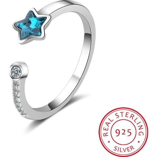 Blue Crystal Star Opening Ring For Women Girl Gift 925 Sterling Silver Micro Zirconia Ring anillos anel S-R368