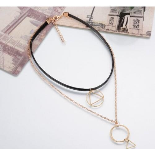2019 New Summer Vintage Black Gold Chain Leather Rope Choker Necklace Short Geometric Round Triangle Charm Double Layer Necklace