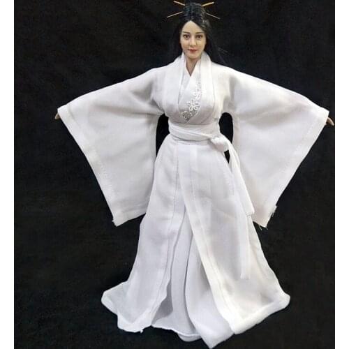 1/6 Female Soldier Ancient Costumes White Flowers Ancient Costume Hanfu Long Skirt Suitable for TBL Coated Body