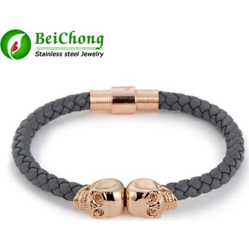 10 pieces/lot) Men Genuine Leather Braided Northskull Bracelet Men Charm Titanium Steel North skull Bracelet For Men WB105