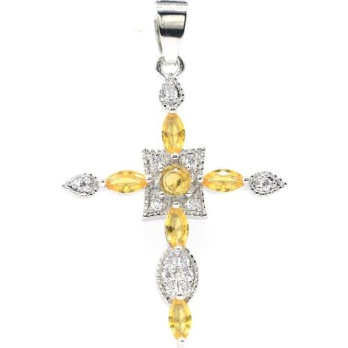40x30mm Classic Long Cross Created Golden Citrine Violet Tanzanite White CZ Womans Silver Pendant