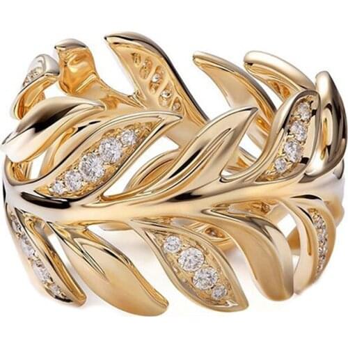 Bohemian Luxury Gold Color Wedding Rings Women Engagement Bands Elegant Leaf Shaped White Rhinestone Paved Finger Rings D5M799