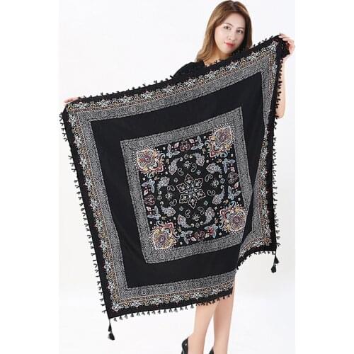 Autumn Winter Retro Tassel Large Square Scarf Cotton Thickened Warm Women Elegant Print Wild Boho casual Street Fashion Scarf