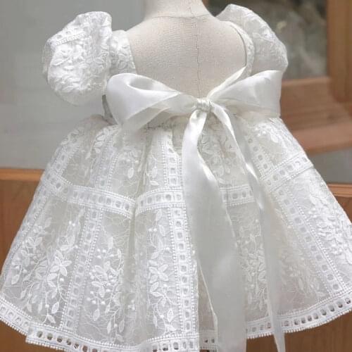 Flower Girl Dress Children Birthday Baptism Dresses For Kids Lace Bow Frocks 2021 Boutique Party Puff sleeve Princess Dresses