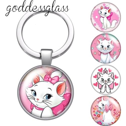 Disney Cute Marie Cat Girls gift glass cabochon keychain Bag Car key chain Ring Holder Charms keychains gift