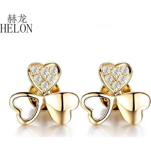 HELON Sale Solid 10K Yellow Gold Delacate Clover Fine Christmas Gift Natural Diamond Earrings Trendy Fine Jewelry Women Earrings