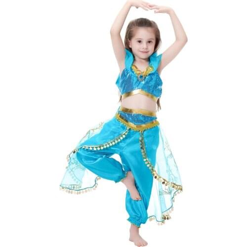Aladdin Princess Jasmine Cosplay Costume Child Fancy Dress Up Arabian Halloween Costume Girls Belly Dance Performance Clothing