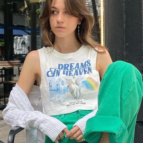 Women Casual Sleeveless Round Neck Graphic Print Rib Crop Tank Top Tee Summer Fashion Harajuku Streetwear for Girls Cropped Vest