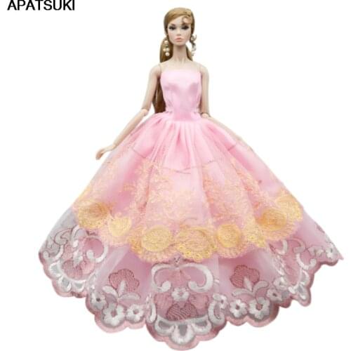 Pink Flower Lace Wedding Dress For Barbie Doll Outfits Clothes Multi-layer Party Gown For 1/6 BJD Dolls Accessories Toys