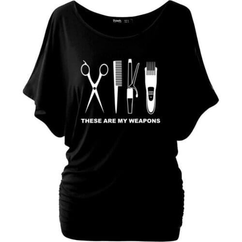 Summer Women Tshirt Hairdresser T Shirt Cool Printed Barber Weapons Woman Cotton Batwing Sleeve Scissors Girl Tops Tee Plus Size