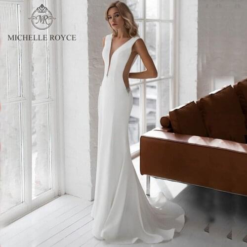 Michelle Royce A-Ling Wedding Dresses 2020 Sexy Deep V-neck Elegant Sleeveless Beaded Backless Court Train Vestido De Novia