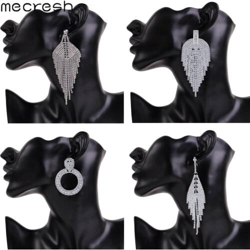 Mecresh Luxury Big Long Tassel Drop Earrings for Women Rhinestone Round Hanging Wedding Korean Statement Earrings 2020 ST