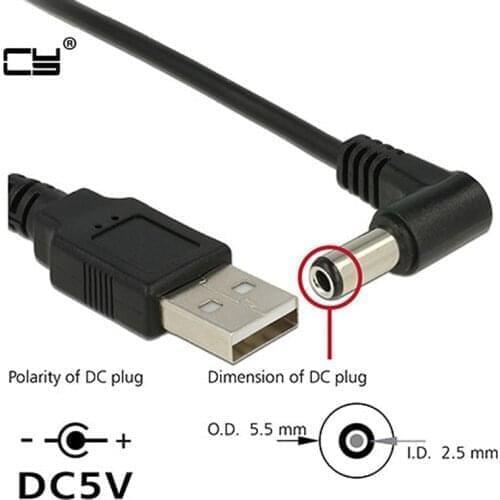 USB to 5.5 mm/2.5 mm 5 Volt DC Barrel Jack Power charge Cable 1m 3ft Elbow 90 Right Angle Design DC power plug USB CABLE