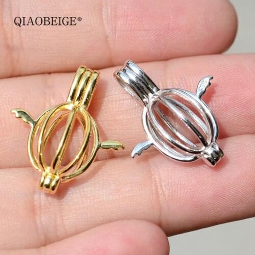 QIAOBEIGE pearl mounting pendants 925 sterling silver, angel open Cage pendant necklace fitting, put no-hole round pearls in