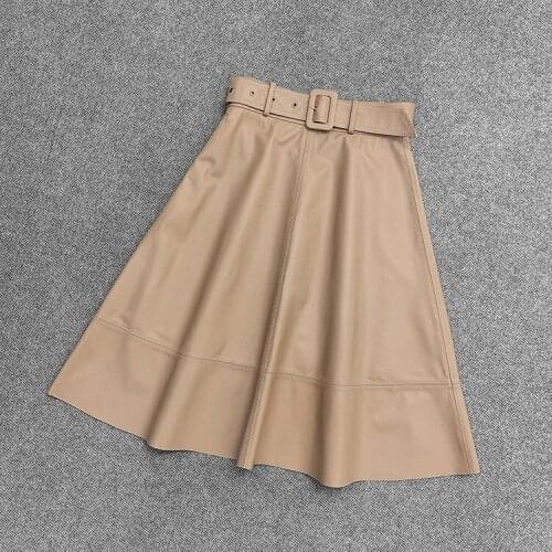2020 Spring womens high quality genuine leather A-line skirts Fashion women high-rise leather skirt B398