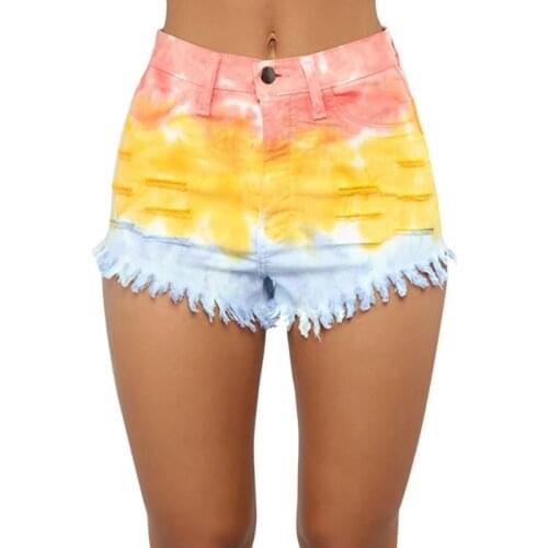 Women Casual Sexy Ripped Denim Shorts Summer Beach Tie-dye Tassel Pocket Jeans