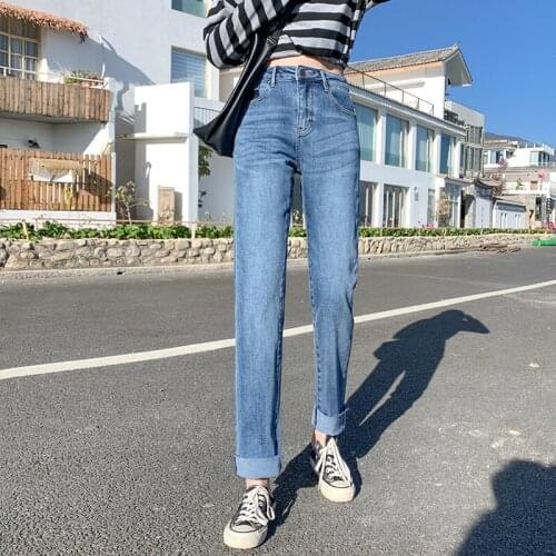 Womens Straight-leg Business Jeans Street Casual Blue Denim Trousers High Quality Retro Stretch Cotton Slim High Waist Pants