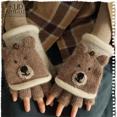 Mori Girl Lolita Kawaii Half Finger Cartoon Lovely Bear Lion Winter Wool Gloves Warm Thicken Fingerless Gloves Luvas De Inverno
