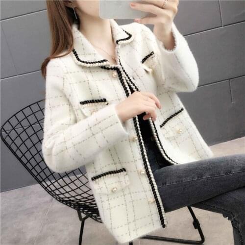 Autumn mink fur 2021 new womens plaid woolen sweater coat womens autumn and winter ladies cardigan sweater