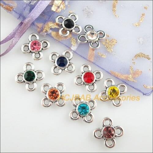 20Pcs Tibetan Silver Tone Retro Clover Mixed Crystal Charms Connectors 15mm