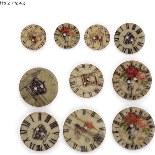 50pcs Building Clock Mixed Round Wood Buttons Handmade Sewing Scrapbook Clothing Crafts Accessories Gift Card DIY Decor 15-25mm