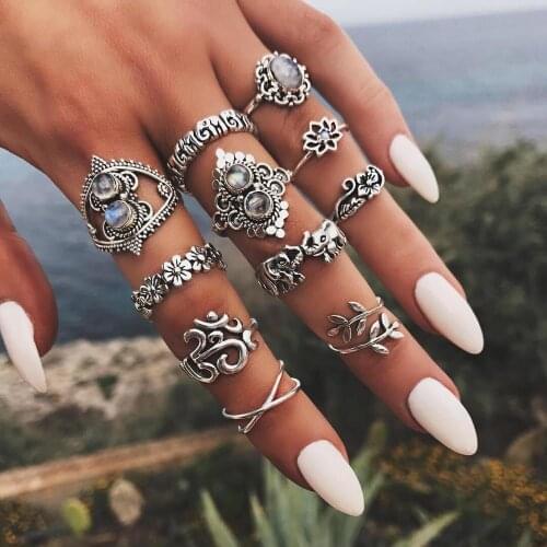 11 pcs/Set Bohemia Vintage Rings For Women Crystal flowers Elephant Geometric Female Finger Rings Set Jewelry