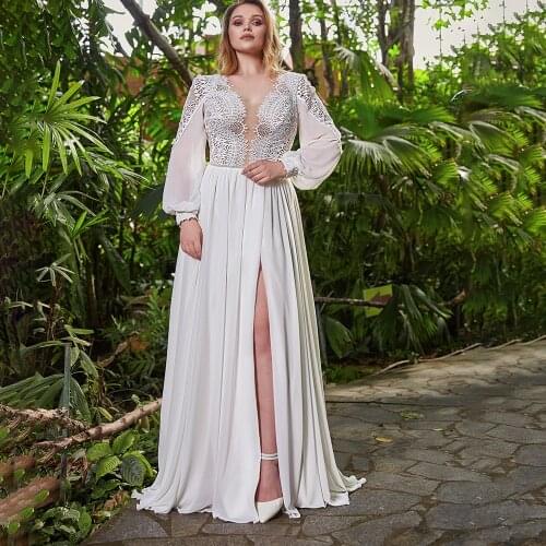 Big Size Beach Wedding Dress Boho Cut-Out Lace Princess Custom Made Long Sleeves High Slit Bridal Gowns Lace Up Chiffon Backless